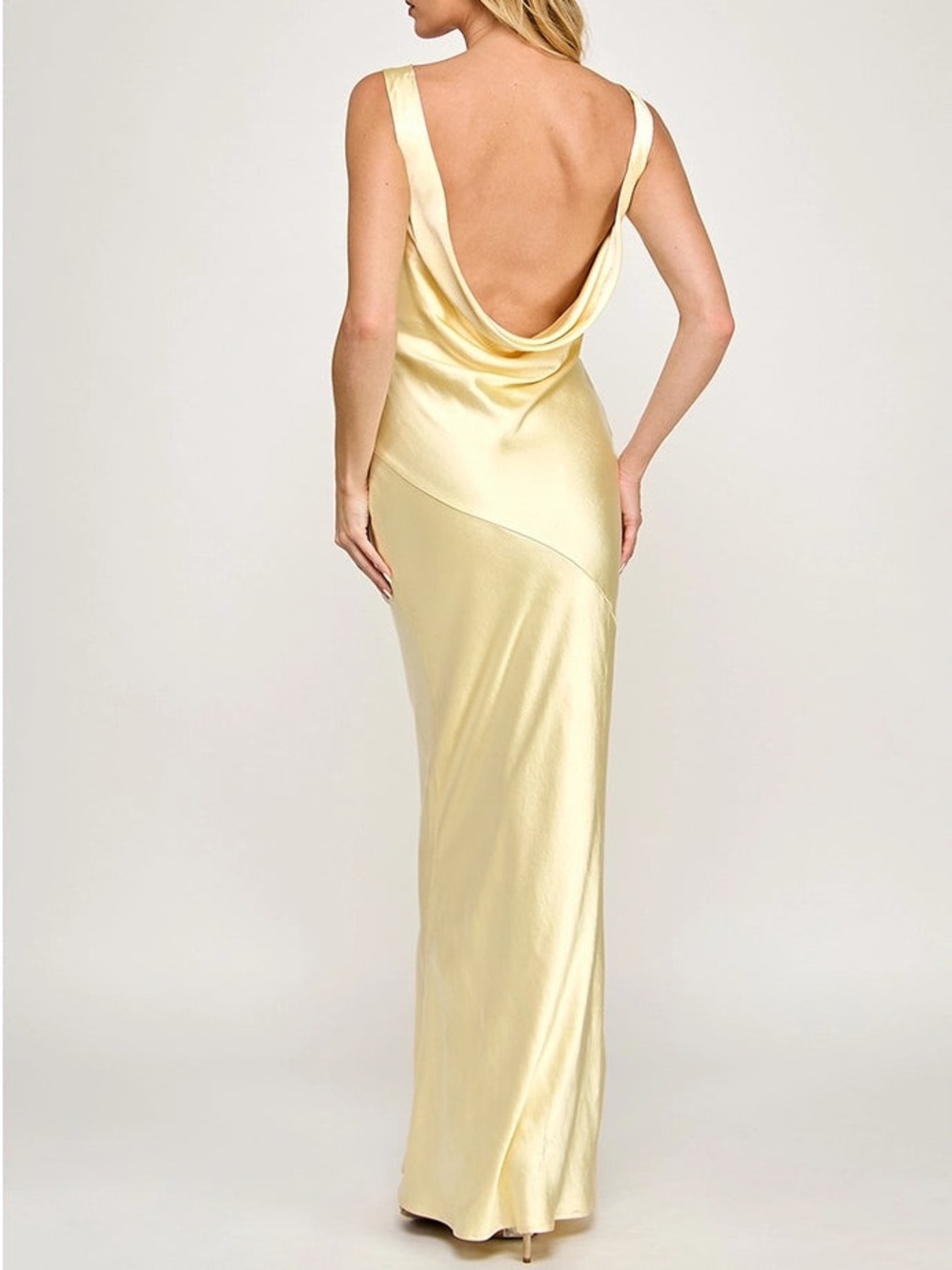 Pastel Yellow/Gold Cowl Neck & Bias Cut Dress - Satin (SMALL)
